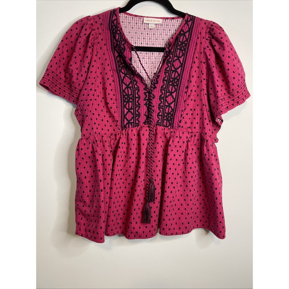 Knox Rose Medium Pink Boho Peasant Top Embroidered Flutter Sleeve